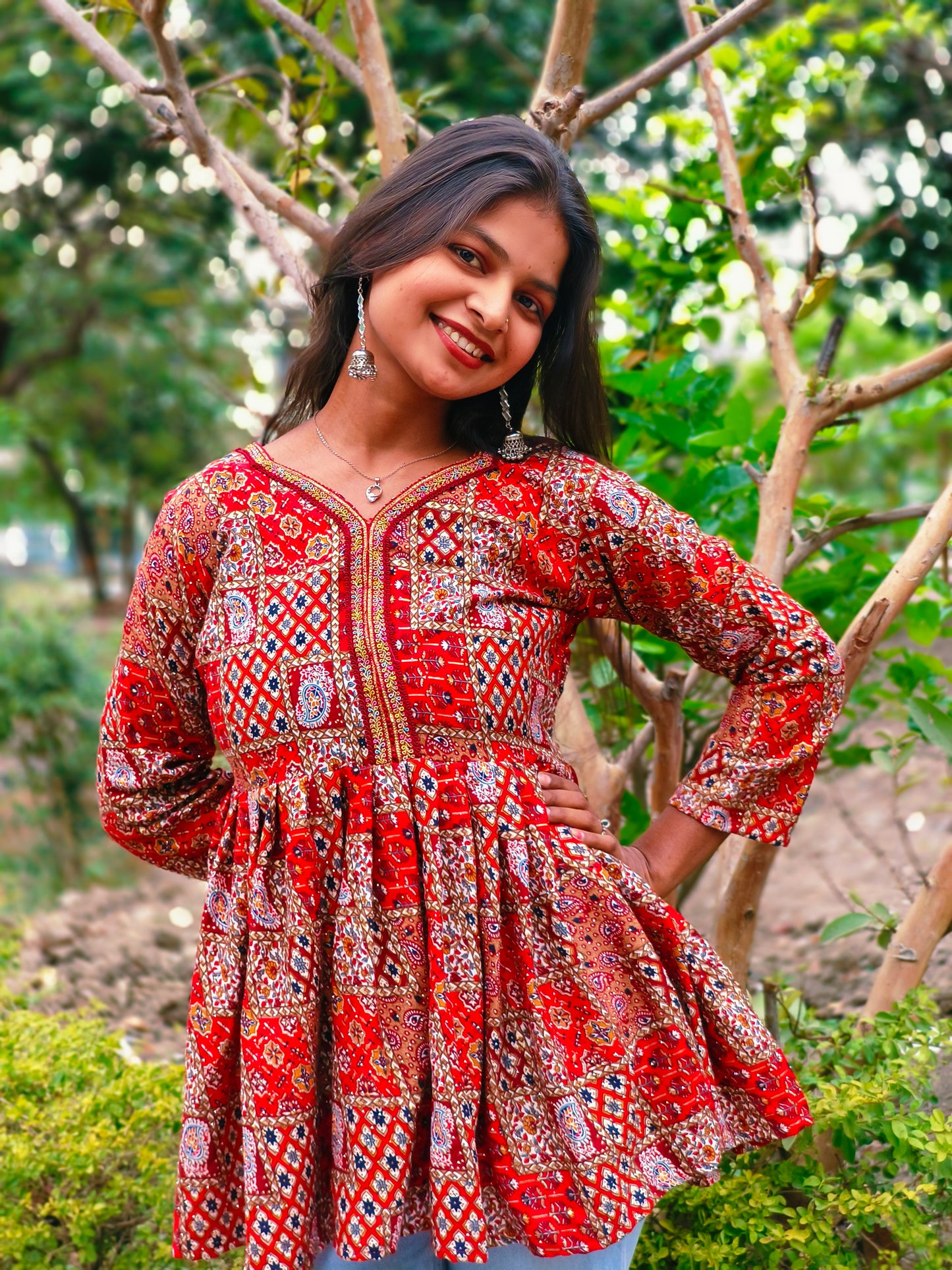Rangriti Red Bandhani Flare Kurti"