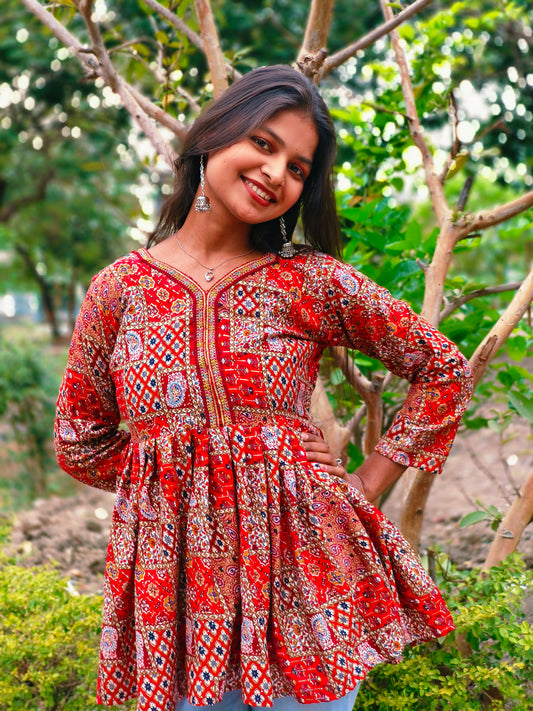 Rangriti Red Bandhani Flare Kurti"